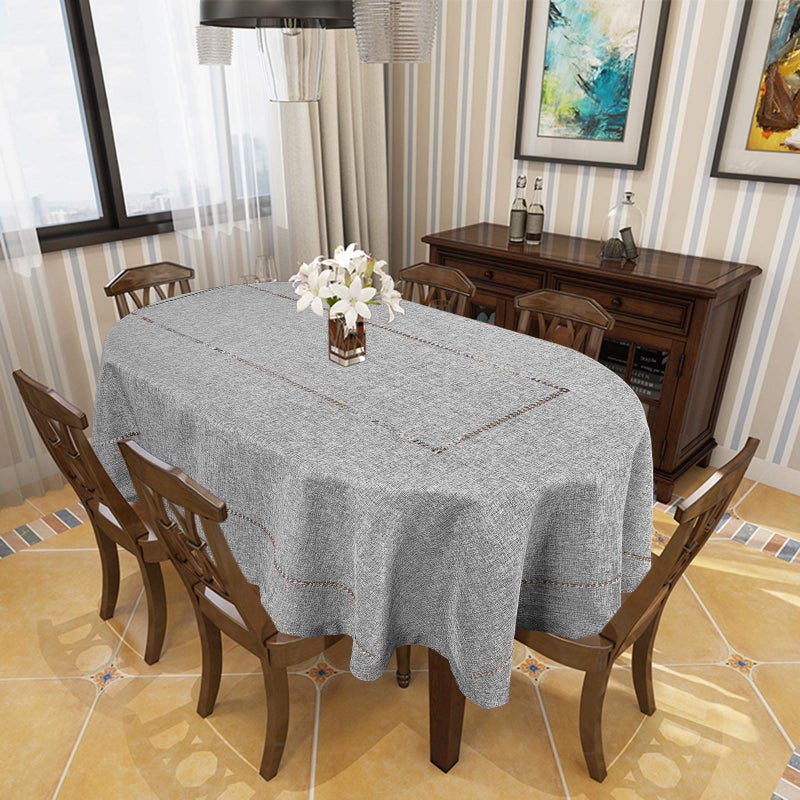 Grelucgo Solid Dark Gray Color Hemstitched Tablecloth (Oval 60 x 102 Inches Tablecloth) - Image 2